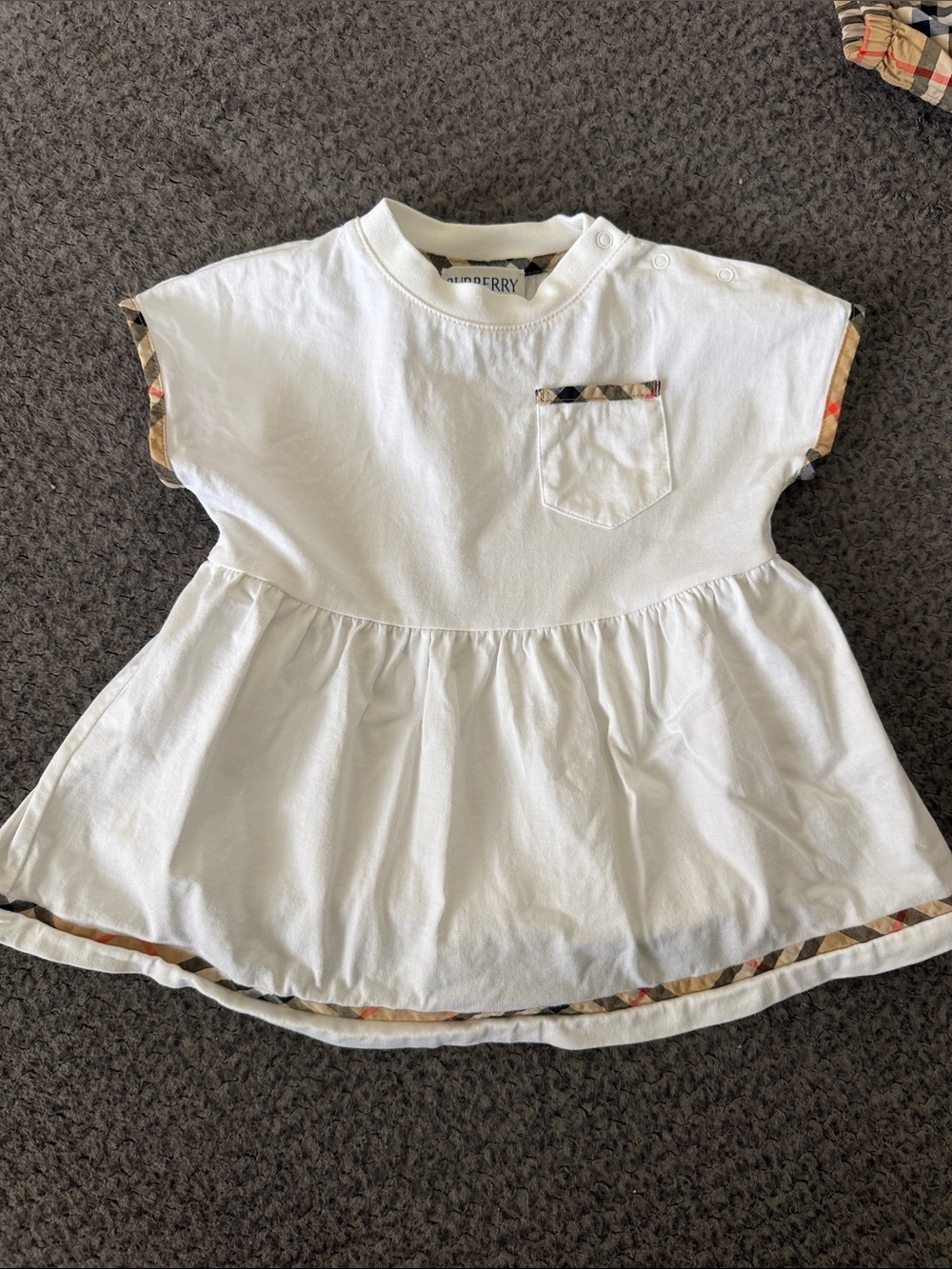 Burberry White Cotton Short Sleeve Dress Top with Check Trim